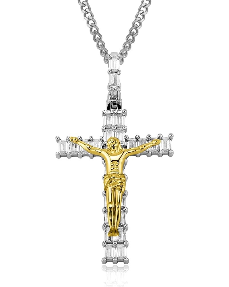 Men's Crucifixion Necklace Jesus Cross Chain Brass Gold Plated Christian Women Pendant Two-color long diamond model $22.94 Ne...