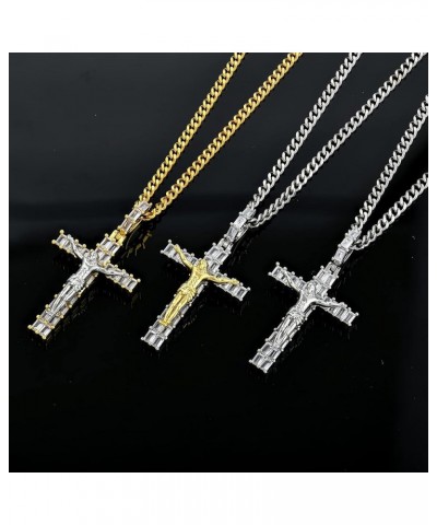 Men's Crucifixion Necklace Jesus Cross Chain Brass Gold Plated Christian Women Pendant Two-color long diamond model $22.94 Ne...