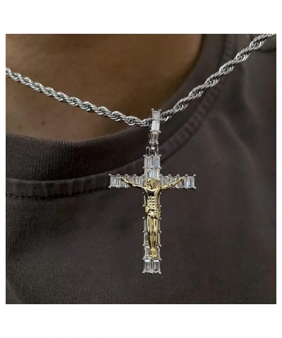 Men's Crucifixion Necklace Jesus Cross Chain Brass Gold Plated Christian Women Pendant Two-color long diamond model $22.94 Ne...