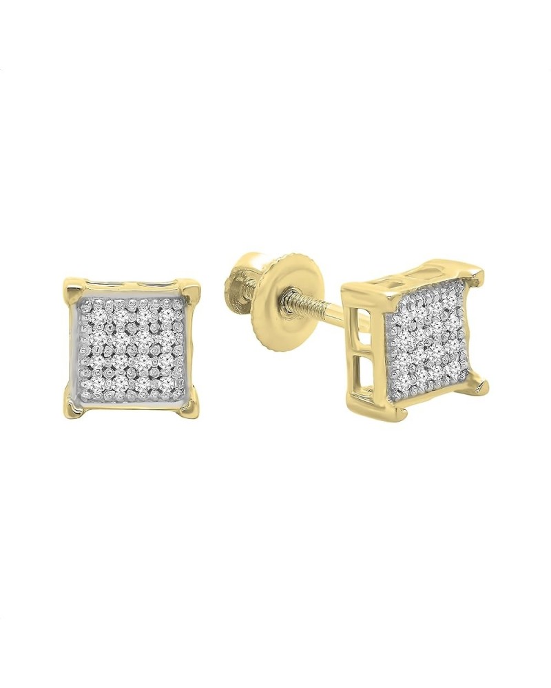 Round White Diamond Square Shape Unisex Stud Earrings (0.10 ctw, Color I-J, Clarity I2-I3) in 925 Sterling Silver Yellow Plat...