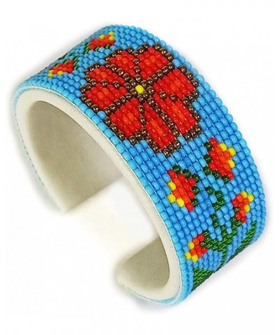 Native American Style beaded cuff bracelet,Tribal Geometric Bracelet,Seed Bead Bracelet,Huichol Bracelet Handmade Red skyBlue...