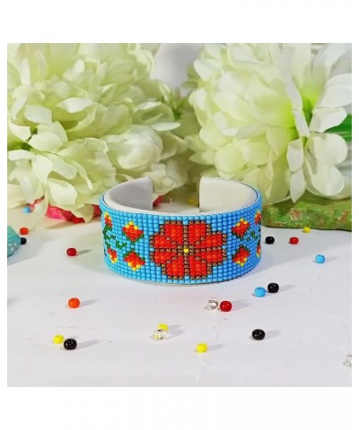 Native American Style beaded cuff bracelet,Tribal Geometric Bracelet,Seed Bead Bracelet,Huichol Bracelet Handmade Red skyBlue...