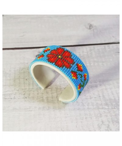 Native American Style beaded cuff bracelet,Tribal Geometric Bracelet,Seed Bead Bracelet,Huichol Bracelet Handmade Red skyBlue...