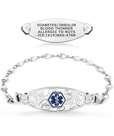 Custom Engraved Lovely Filigree Medical Alert ID Bracelets for Women with Heart Link Chains – Color/Size 8.0 Inches Deep Blue...