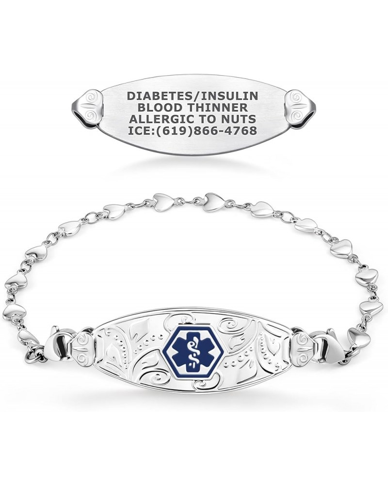 Custom Engraved Lovely Filigree Medical Alert ID Bracelets for Women with Heart Link Chains – Color/Size 8.0 Inches Deep Blue...