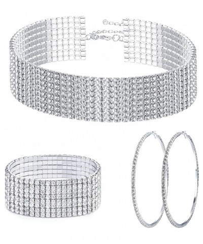 Rhinestone Choker Necklace Bracelet Hoop Earrings for Women Bling Rhinestone Jewelry Set for Wedding Bridal Party 8rows $7.64...