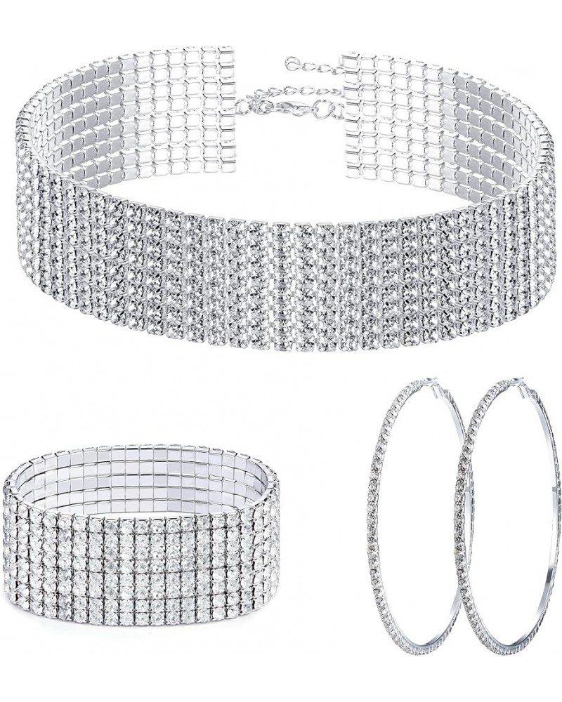 Rhinestone Choker Necklace Bracelet Hoop Earrings for Women Bling Rhinestone Jewelry Set for Wedding Bridal Party 8rows $7.64...