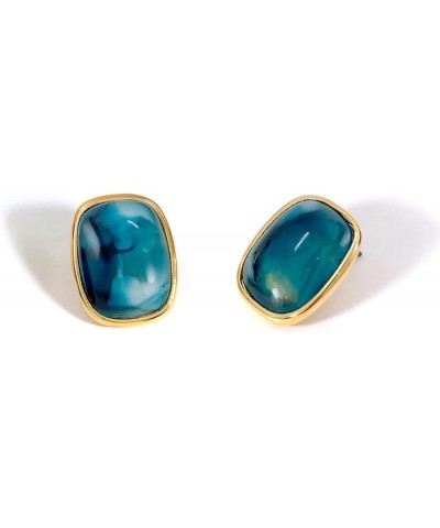 M.DUN- Round Edges Rectangle Shape Studs Earring. Abalone Amber Turquoise Resin Stone Design, 18k Real Gold Plated Bezel, Hyp...