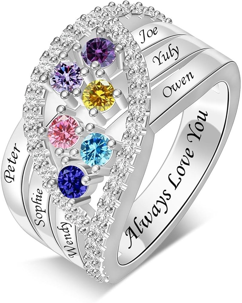 Personalized Mom Rings with 1-6 Birthstones Names Promise Rings Engraved Sterling Silver Mother's Daughter Grandma Ring for H...