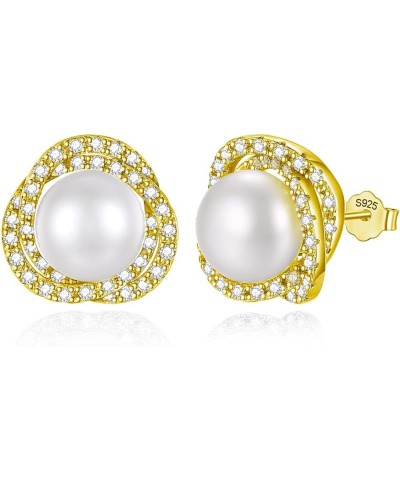 Real Pearl Earrings for Women 925 Sterling Silver Pearl Stud Earrings Freshwater Cultured Pearl Studs with Cubic Zirconia for...