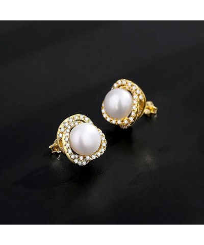 Real Pearl Earrings for Women 925 Sterling Silver Pearl Stud Earrings Freshwater Cultured Pearl Studs with Cubic Zirconia for...