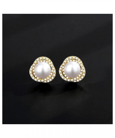 Real Pearl Earrings for Women 925 Sterling Silver Pearl Stud Earrings Freshwater Cultured Pearl Studs with Cubic Zirconia for...