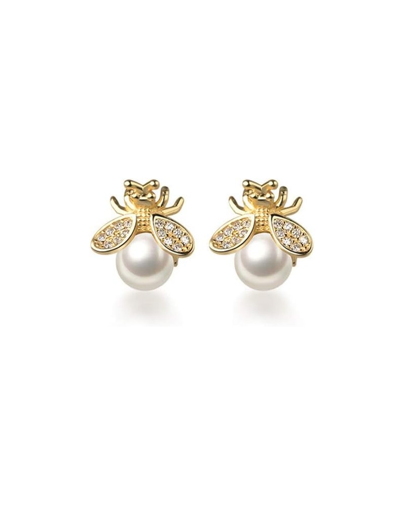 Cute Honeybee Tiny Stud Earrings Sterling Silver 925 Dainty Cubic Zirconia Crystal Small Insect Bumble Bee Pearl Earring Stud...