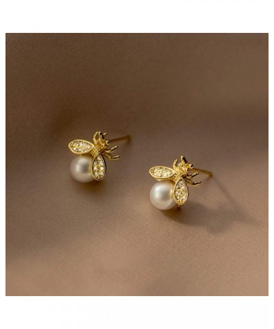 Cute Honeybee Tiny Stud Earrings Sterling Silver 925 Dainty Cubic Zirconia Crystal Small Insect Bumble Bee Pearl Earring Stud...