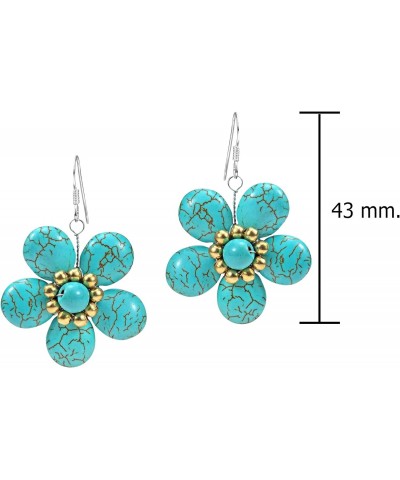 Statement Teal Bloom Simulated Blue Turquoise Flower Brass .925 Silver Earrings | Turquoise Earrings for Women Dangling | Han...