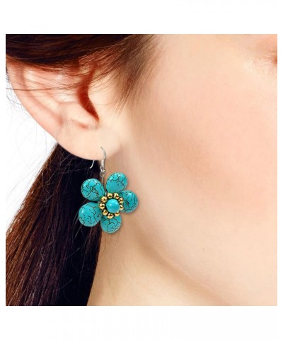 Statement Teal Bloom Simulated Blue Turquoise Flower Brass .925 Silver Earrings | Turquoise Earrings for Women Dangling | Han...