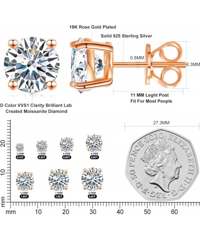 Moissanite Stud Earrings Screw Back 3-10mm 0.2ct-8.0ct 18K White Yellow Rose Gold Plated S925 Sterling Silver Round Cut D Col...