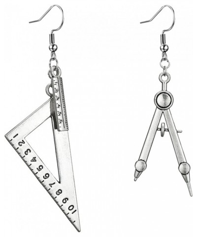 Math Compass Triangle Ruler Earrings for Women Girls Students Unique Exaggerated Silver Plated Asymmetrical Math Geometry Too...