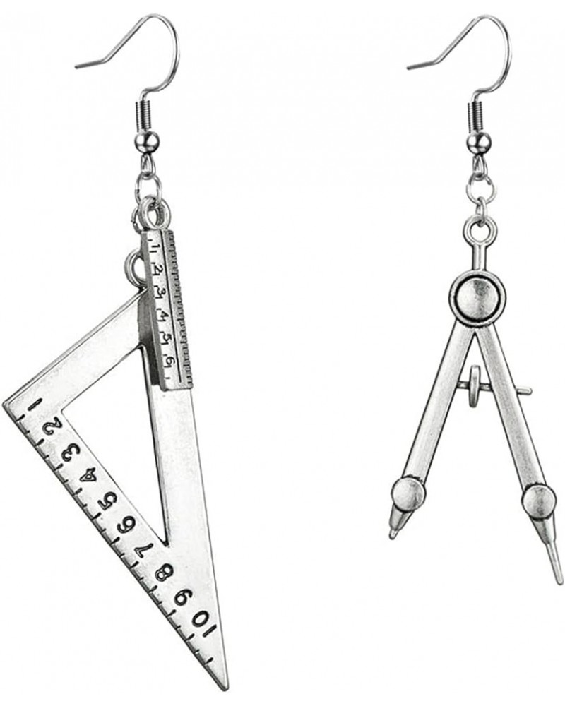 Math Compass Triangle Ruler Earrings for Women Girls Students Unique Exaggerated Silver Plated Asymmetrical Math Geometry Too...