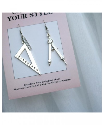 Math Compass Triangle Ruler Earrings for Women Girls Students Unique Exaggerated Silver Plated Asymmetrical Math Geometry Too...