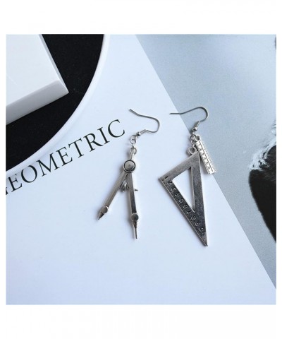 Math Compass Triangle Ruler Earrings for Women Girls Students Unique Exaggerated Silver Plated Asymmetrical Math Geometry Too...