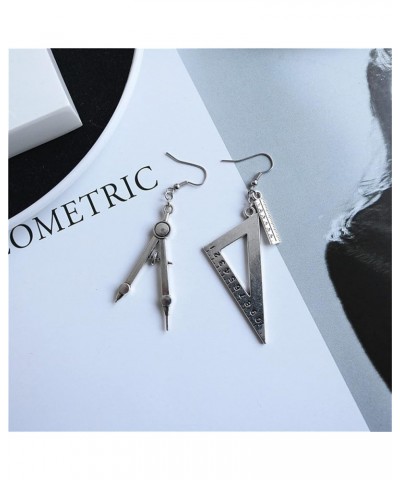 Math Compass Triangle Ruler Earrings for Women Girls Students Unique Exaggerated Silver Plated Asymmetrical Math Geometry Too...