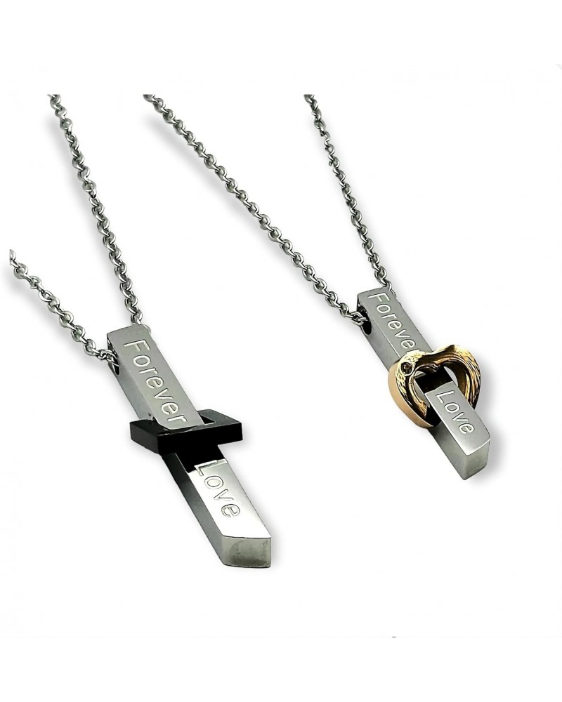 Stainless Steel Bar Necklaces For Couples, Vertical Forever Love Engraved Pendants With Crystal Accents $11.30 Necklaces