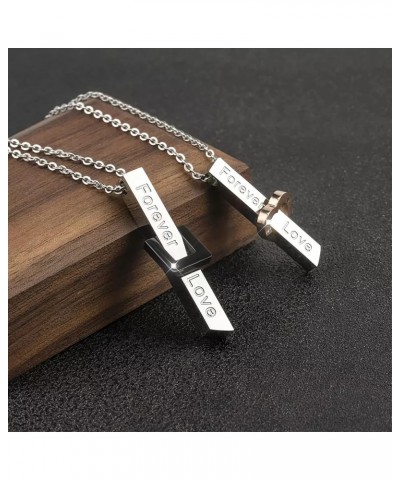 Stainless Steel Bar Necklaces For Couples, Vertical Forever Love Engraved Pendants With Crystal Accents $11.30 Necklaces