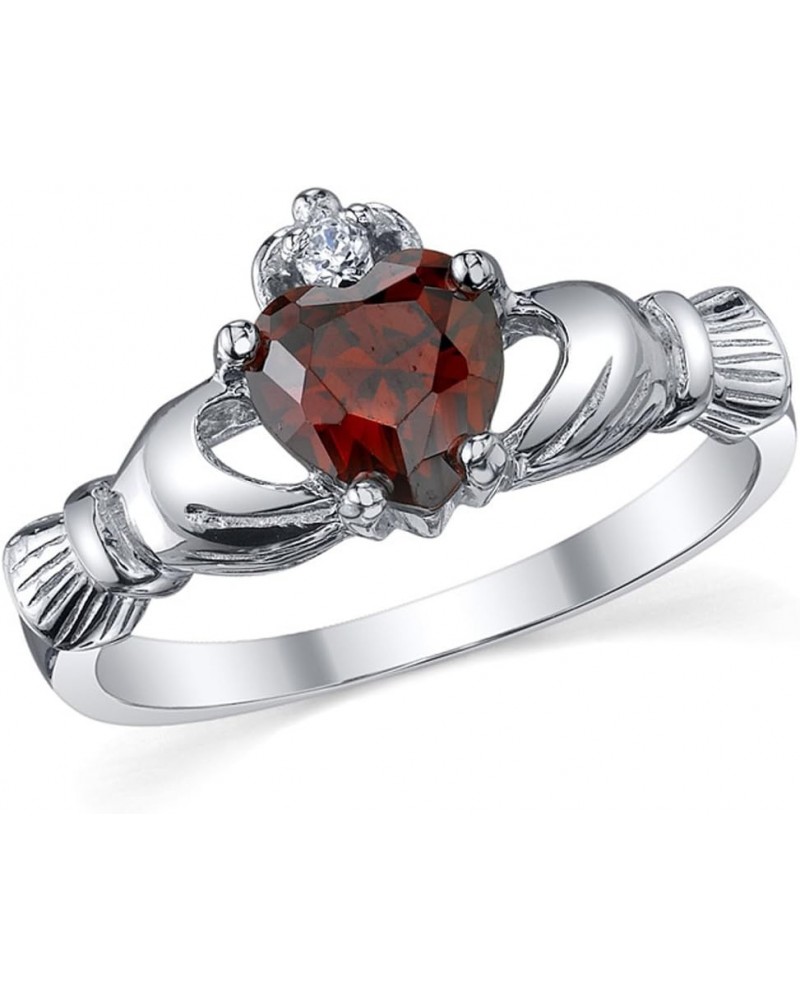 Sterling Silver 925 Irish Claddagh Friendship & Love Simulated Garnet Red Color Heart Cubic Zirconia Ring $12.09 Rings