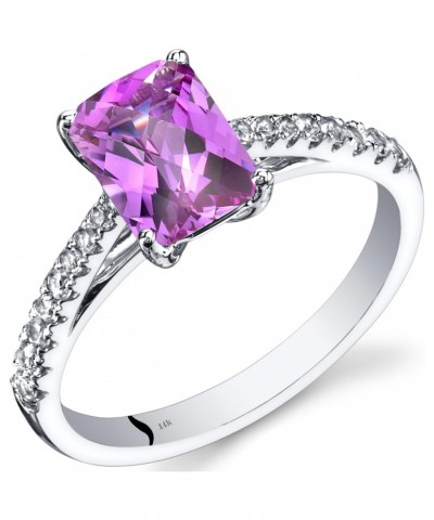 14K White Gold 2 Carats Created Pink Sapphire Ring with Genuine White Topaz, Radiant Cut 8x6mm, Venetian Solitaire Design, Si...