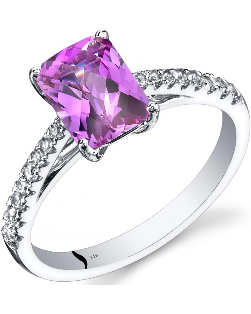 14K White Gold 2 Carats Created Pink Sapphire Ring with Genuine White Topaz, Radiant Cut 8x6mm, Venetian Solitaire Design, Si...