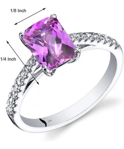 14K White Gold 2 Carats Created Pink Sapphire Ring with Genuine White Topaz, Radiant Cut 8x6mm, Venetian Solitaire Design, Si...