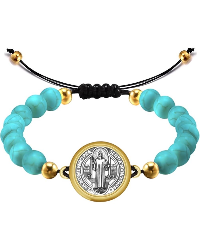 Turquoise Rosary Natural Stone Alloy Christian Saint Cross Connector Bracelet Catholic Cross Rosary Beads Bracelet Handmade A...