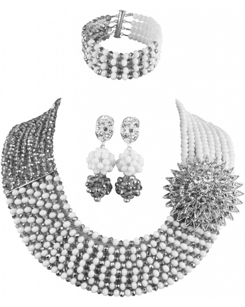 8 Rows African Bead Necklace Jewelry Set for Women Nigerian Wedding Bridal Jewelry Sets White Grey $25.38 Jewelry Sets