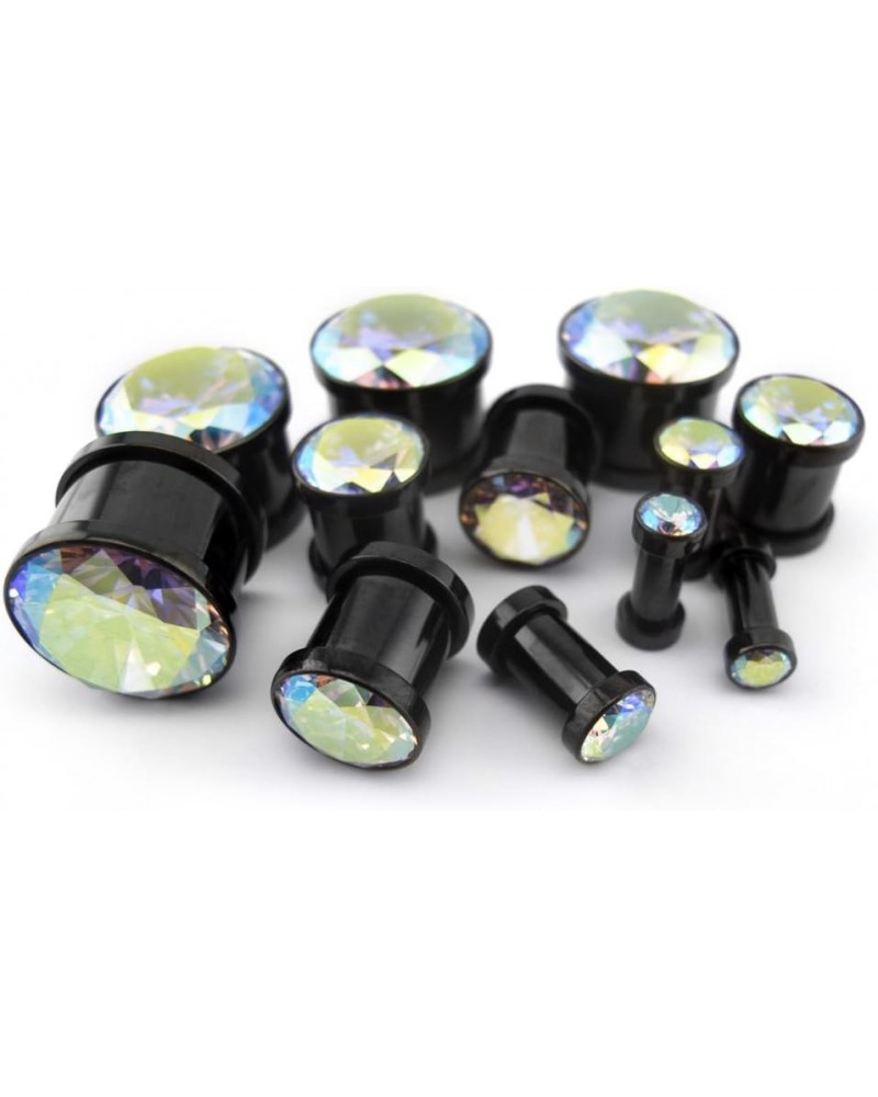 Pair of 4 Gauge (4G - 5mm) Black Rainbow Aurora Gem Stainless Steel Plugs $13.49 Body Jewelry