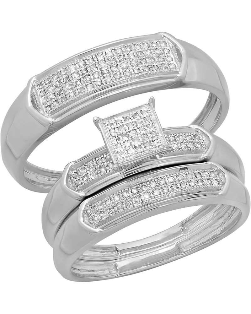 0.30 Carat (ctw) Round White Diamond Men & Women's Micro Pave Trio Bridal Wedding Set 1/3 CT, 14K White Gold womens size 4 & ...