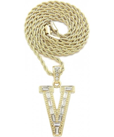 Unisex Stone Filled Initial Letter Pendant 24 inches Rope Chain Necklace Gold - V $12.38 Necklaces