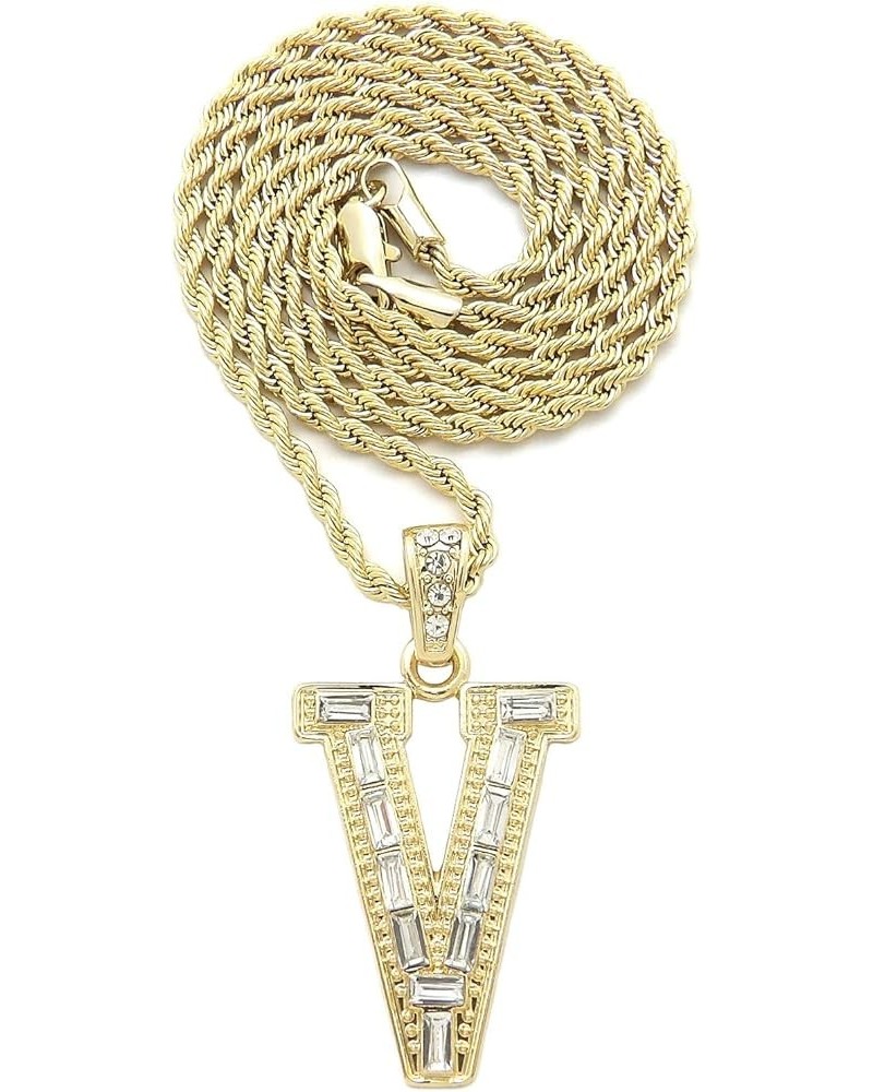 Unisex Stone Filled Initial Letter Pendant 24 inches Rope Chain Necklace Gold - V $12.38 Necklaces