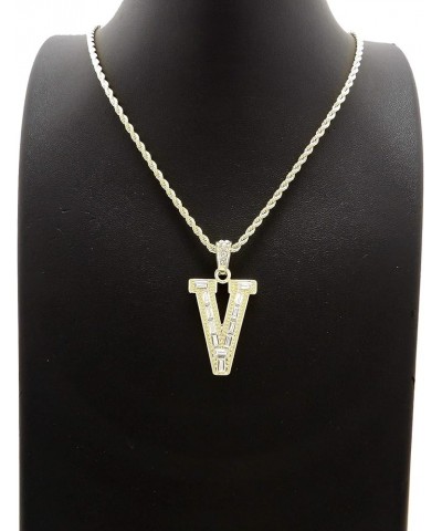 Unisex Stone Filled Initial Letter Pendant 24 inches Rope Chain Necklace Gold - V $12.38 Necklaces