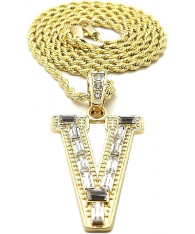 Unisex Stone Filled Initial Letter Pendant 24 inches Rope Chain Necklace Gold - V $12.38 Necklaces