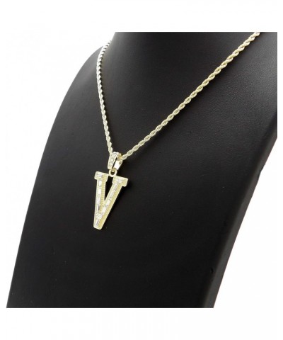 Unisex Stone Filled Initial Letter Pendant 24 inches Rope Chain Necklace Gold - V $12.38 Necklaces