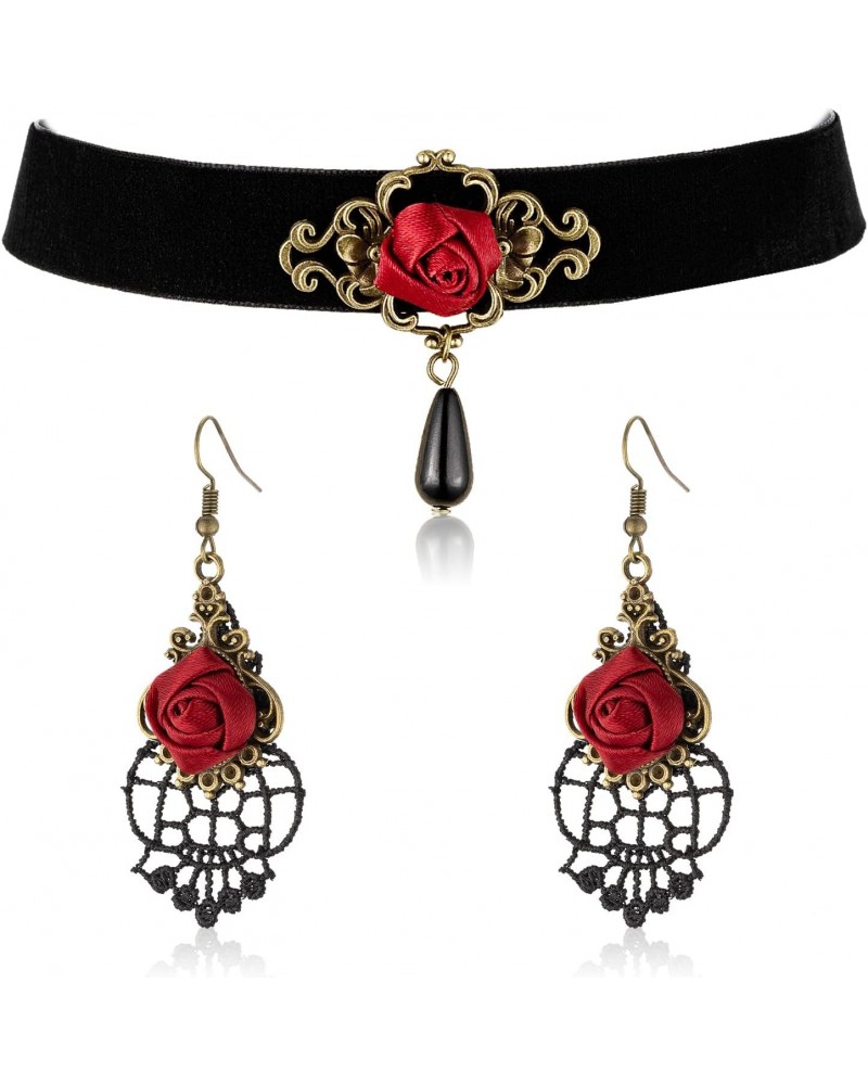 Red Rose Teardrop Gothic Lolita Velvet Choker Necklace and Dangle Earrings Jewelry Set Halloween Costumes for Women Accessori...