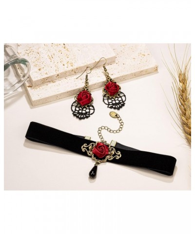 Red Rose Teardrop Gothic Lolita Velvet Choker Necklace and Dangle Earrings Jewelry Set Halloween Costumes for Women Accessori...