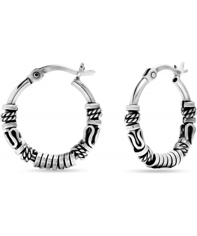 925 Sterling Silver Oxidized Balinese Hoops Earring Jewelry Small Antique Bali Beaded Hoop Earrings for Women Balinese Spiral...