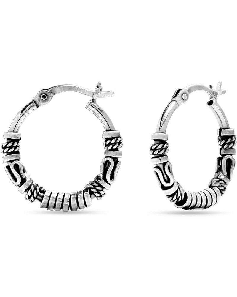 925 Sterling Silver Oxidized Balinese Hoops Earring Jewelry Small Antique Bali Beaded Hoop Earrings for Women Balinese Spiral...