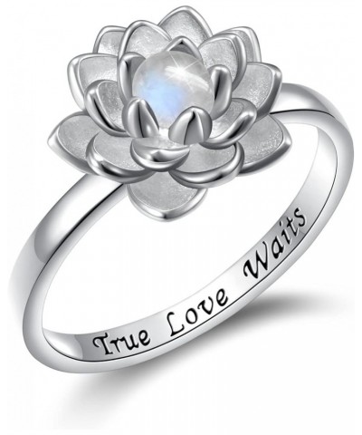 Moonstone Lotus Jewelry Set, Sterling Silver Lotus Flower Ring Engraved True Love Waits, Natural Healing Buddha Spiritual Yog...