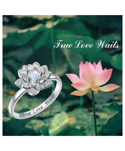 Moonstone Lotus Jewelry Set, Sterling Silver Lotus Flower Ring Engraved True Love Waits, Natural Healing Buddha Spiritual Yog...