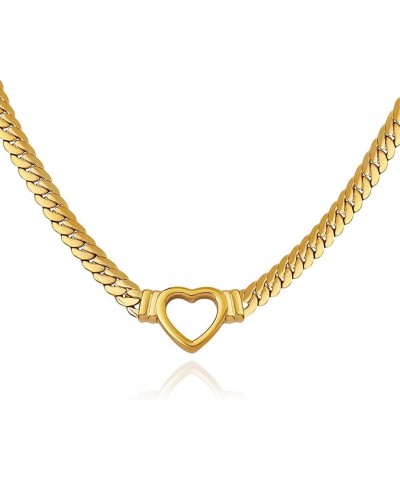 Chunky Hearth Choker Necklace Gold Plated Stainless Steel Necklace,Flat Thick Chain Necklace Heart Charms Clavicle Necklace T...