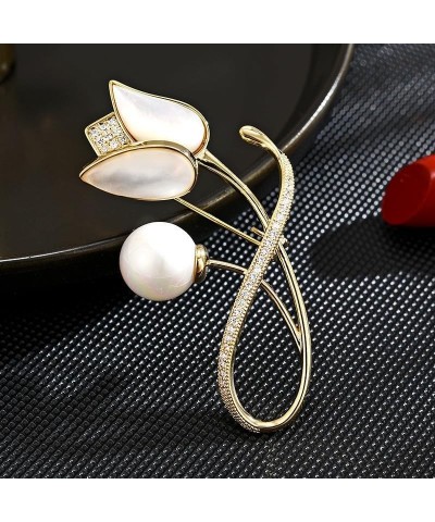 Tulip Brooch for Women Pearl Tulip Brooch Pins Tulip Rhinestone Brooch Gold-plated Tulip Lapel Pin Jewelry Valentine's Day Gi...