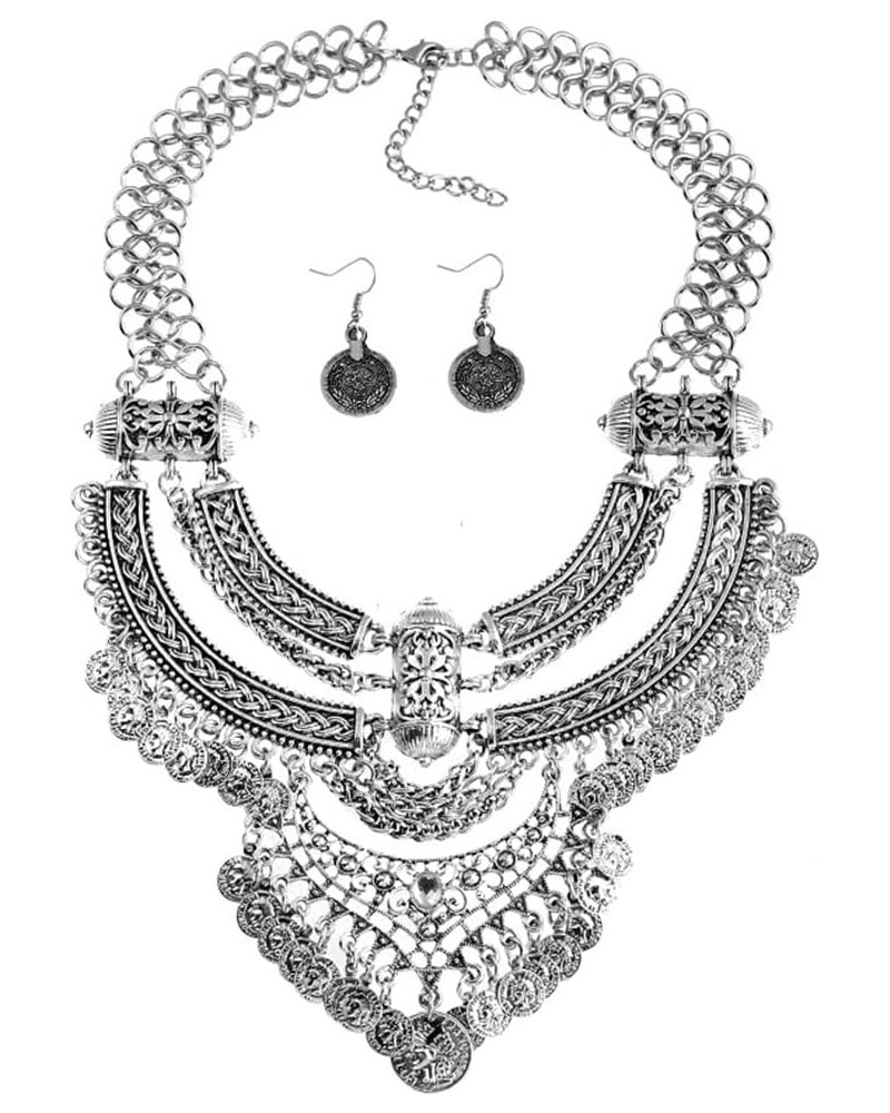 Fashion Bib Bohemian Statement Coin Necklace and Earrings Punk Ethnic Style Jewelry Set for Women Anti-silver $12.53 Jewelry ...